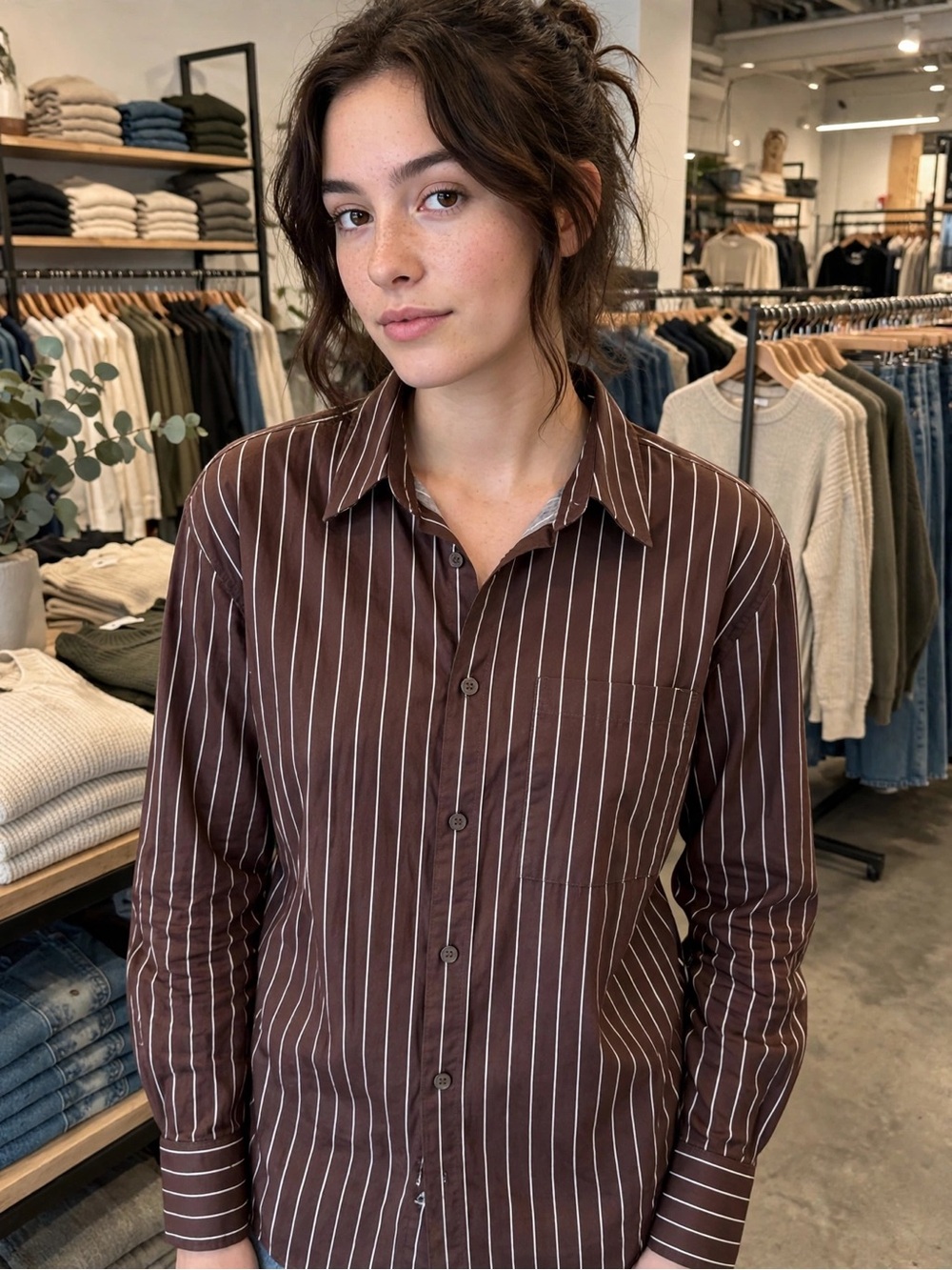 : H&M Divided Brown White Striped Cotton Button-Up Shirt